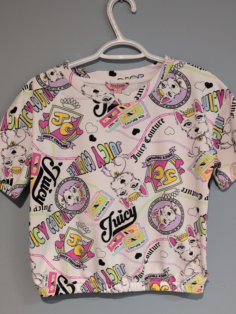 Juicy Couture White Short Sleeve Graphic Logo Crop Tee with Pastel Accents